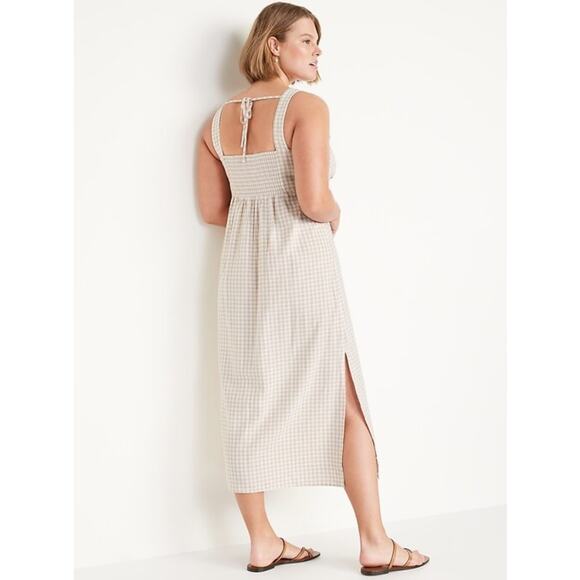 Old Navy Sleeveless Linen-Blend Smocked Tie-Back Gingham Maxi Shift Dress - Picture 2 of 9